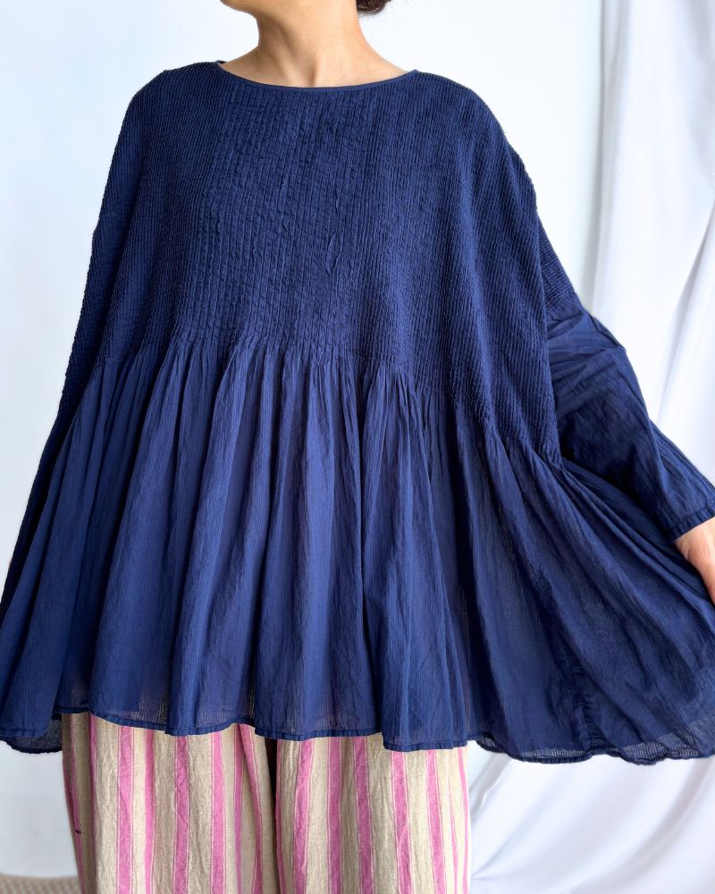 80s ORGANIC STRIPE(OVERDYE) MINI PINTUCK PULLOVER in Navy