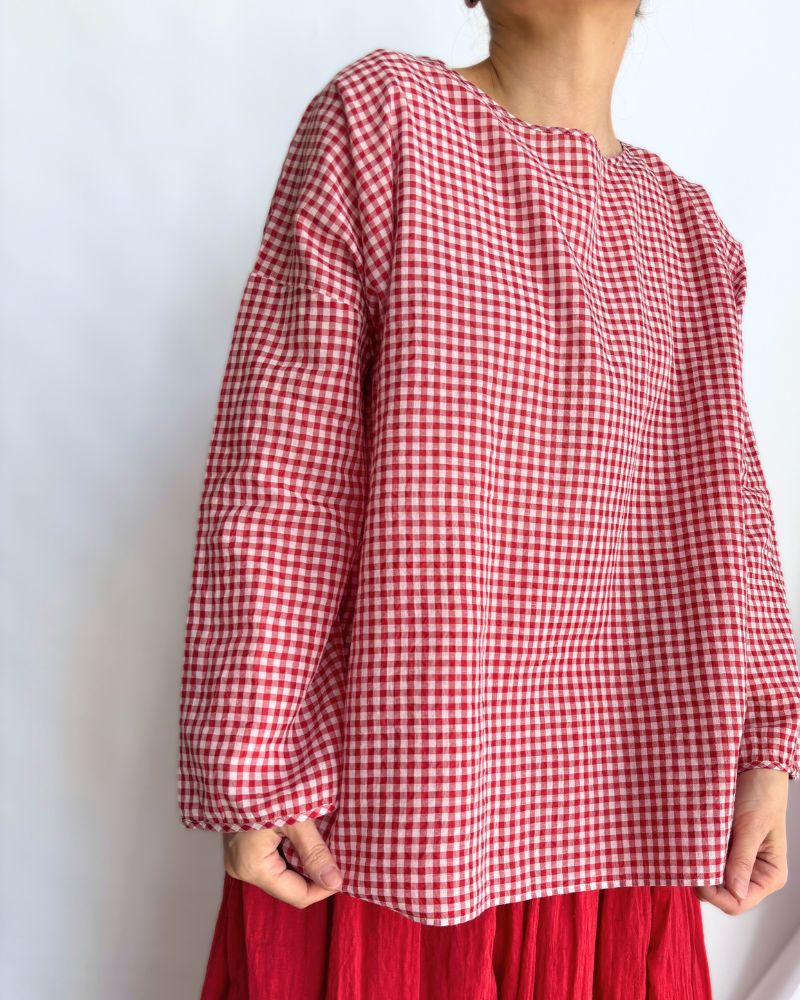 HANDWOVEN COTTON/SILK GINGHAM CHECK DROP SHOULDER SMOCK in Red