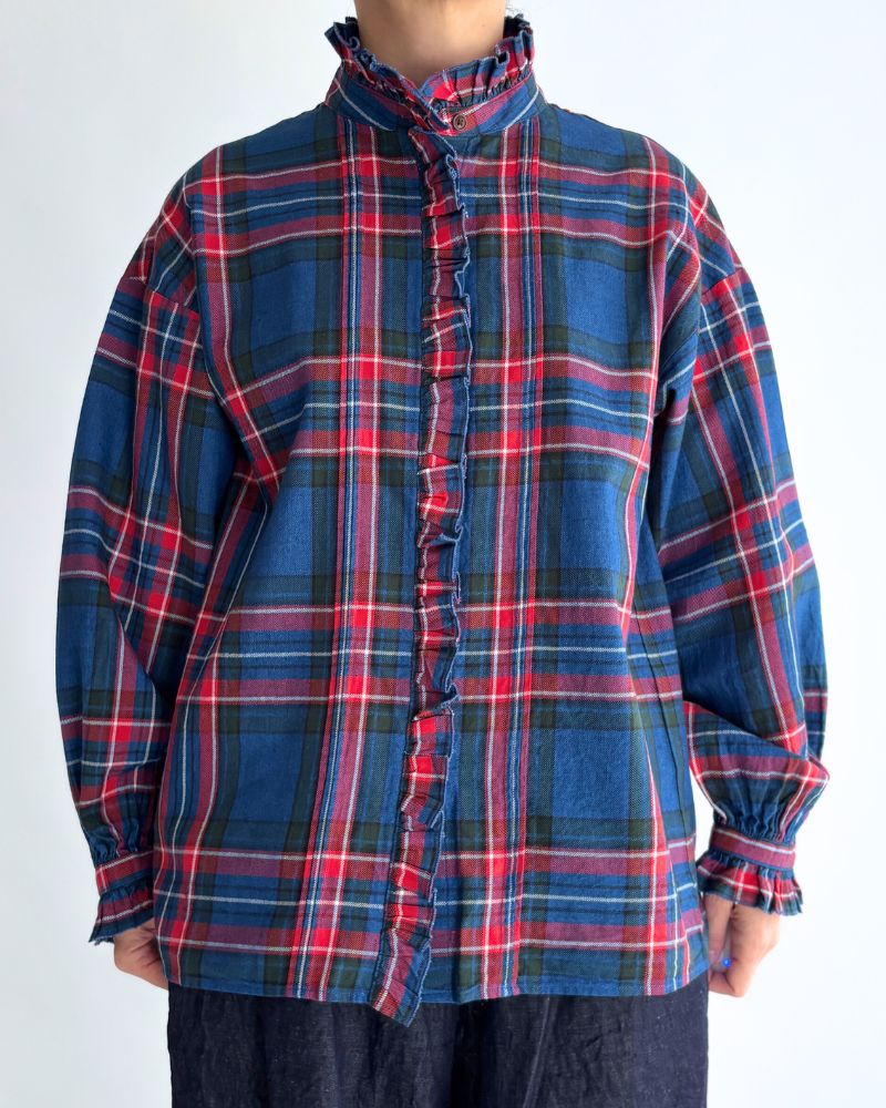 Indigo Tartan Frill Blouse in Blue