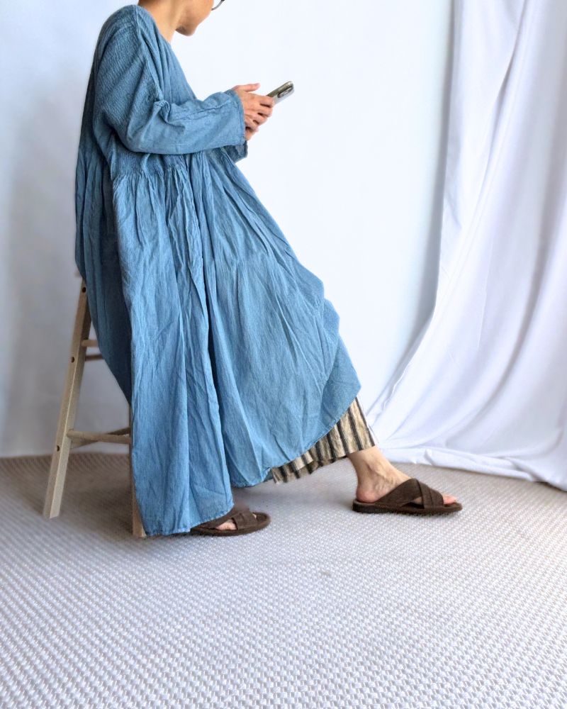 80s ORGANIC STRIPE(OVERDYE) MINI PINTUCK PULLOVER DRESS in LightBlue