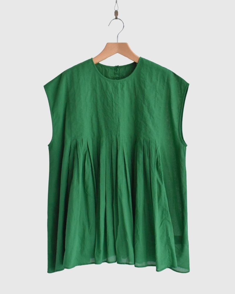 80s ORGANIC VOILE PLAIN CREW-NECK F/SLEEVE SHIRT WITH INVERTED PLEAT in Green