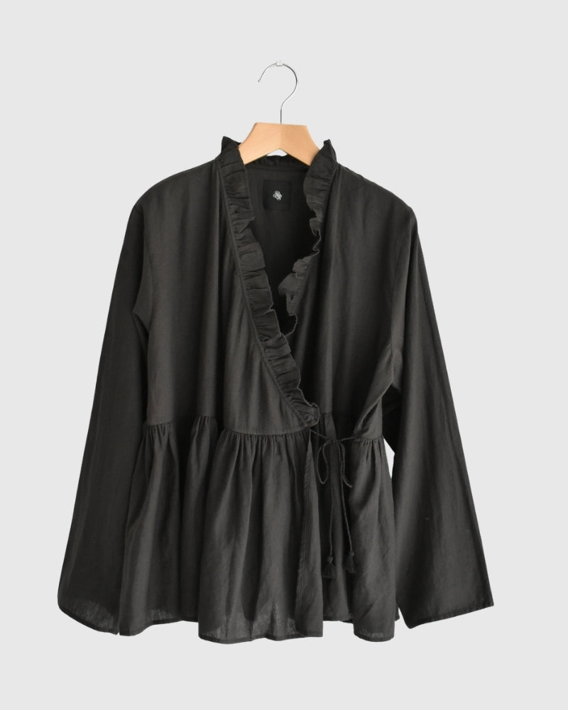 Twill Cotton Khadi Plain Frill Cache Coeur in Charcoal