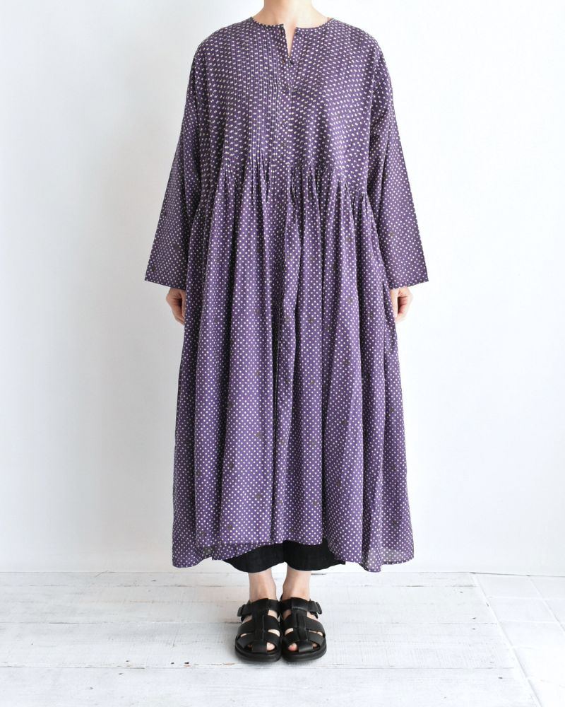 Crew Neck Button Shirts Dress with Mini Pintuck in Purple