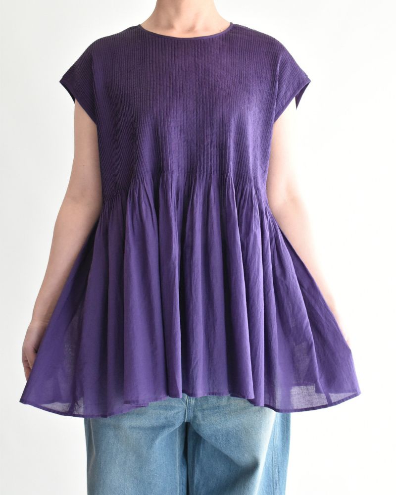 Crew-neck French Sleeve Shirt with Mini Pintuck in Purple