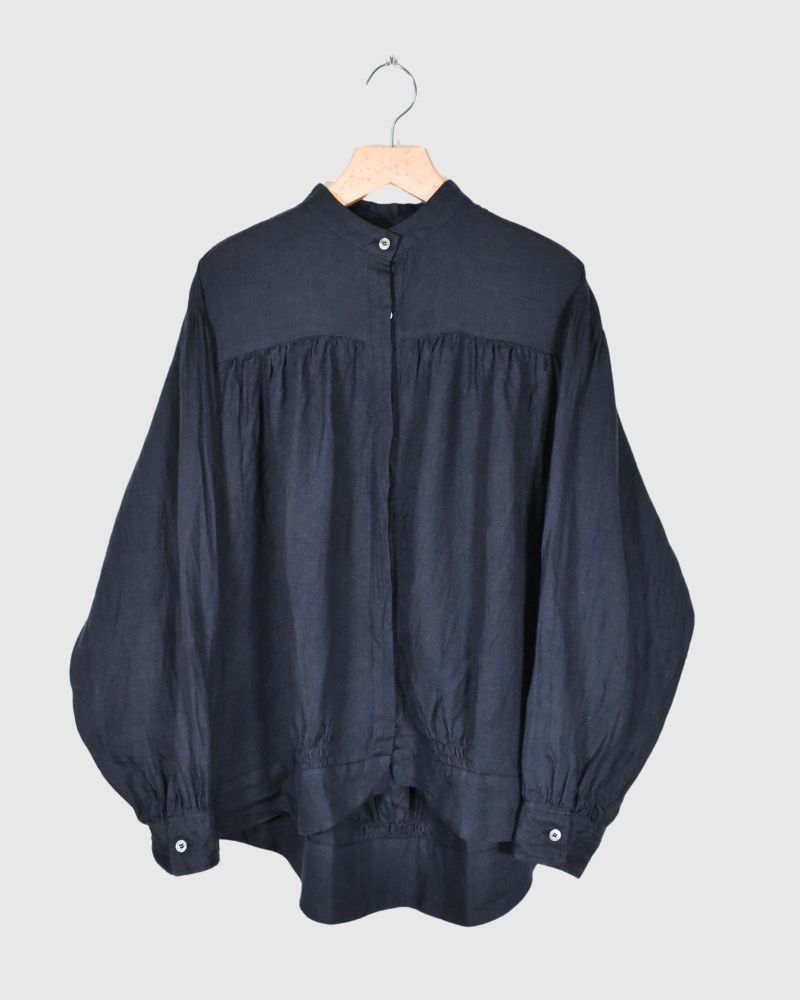 Linen Gather Shirt in Navy