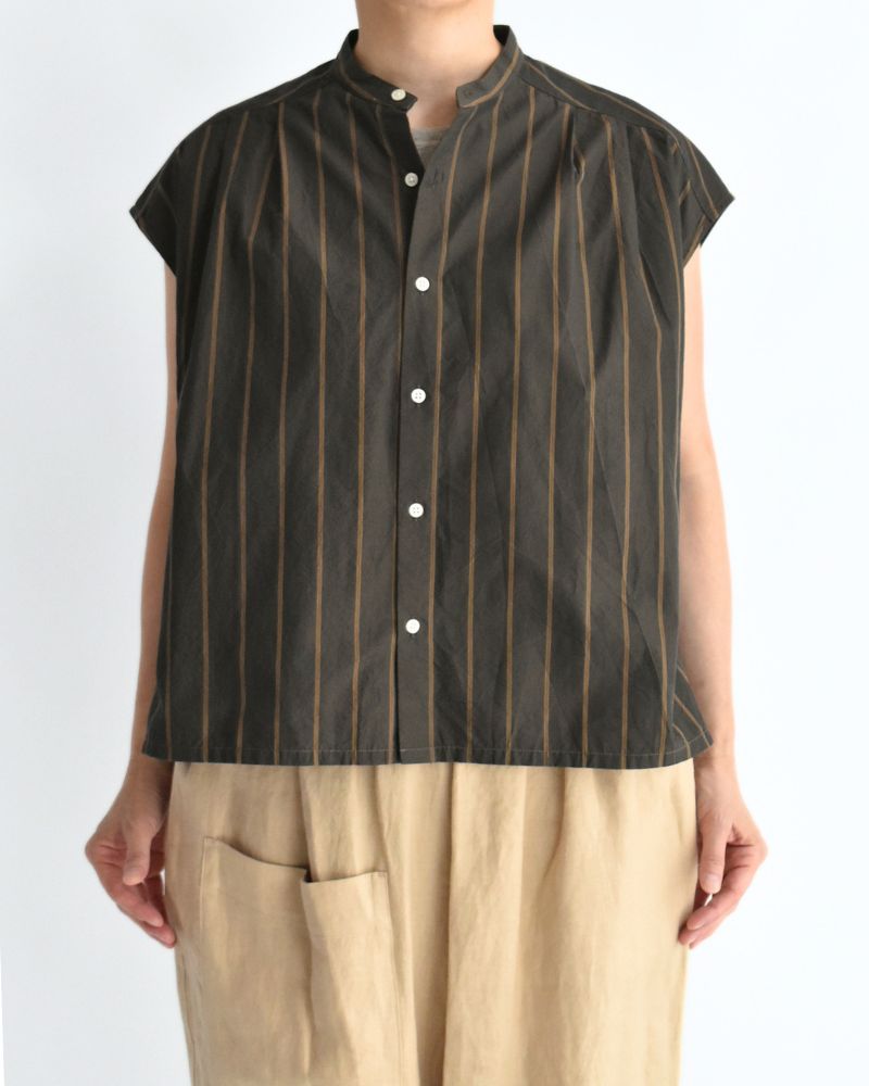 SMILE-W French sleeve blouse with scarf in BrownStripe