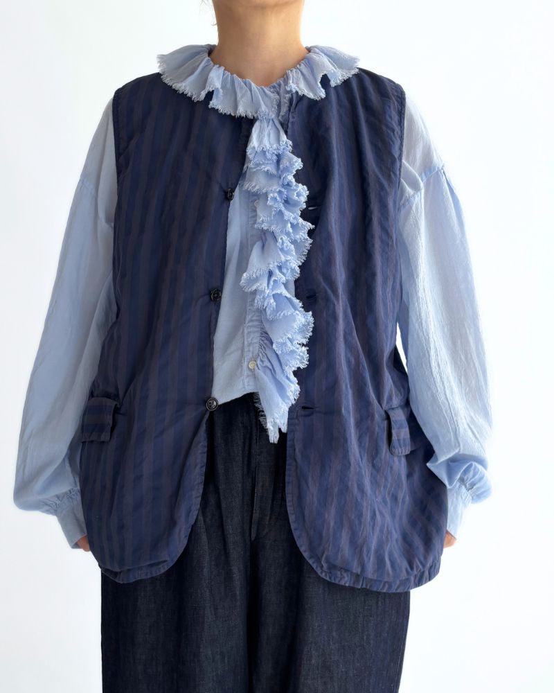 POPLIN WIDE STRIPE (OVERDYE) NO COLLAR VEST in PurpleNavy