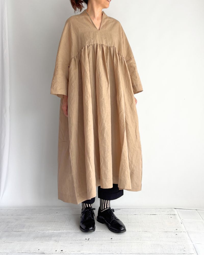 Linen cotton gathered dress in Beige