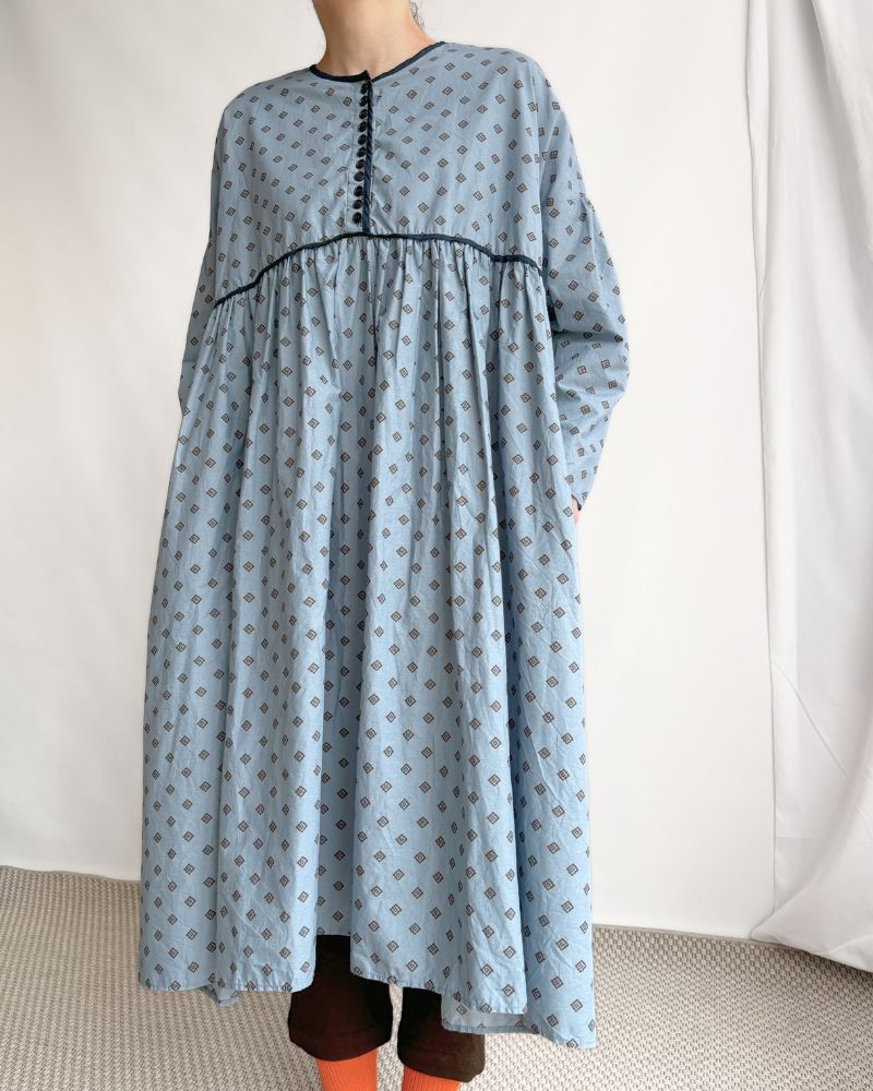 Print Trimmed Gathered Dress in Blue