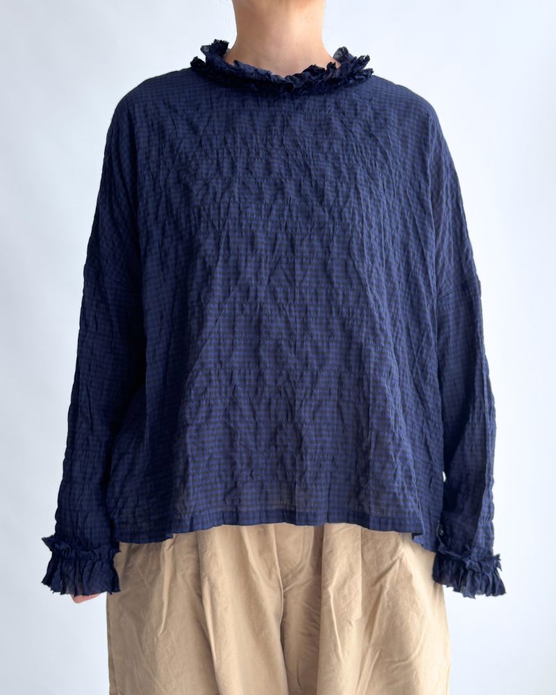 Check Neck Frill Box Pullover in NavyCheck
