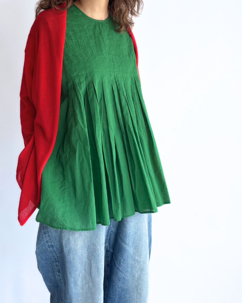 80s ORGANIC VOILE PLAIN CREW-NECK F/SLEEVE SHIRT WITH INVERTED PLEAT in Green