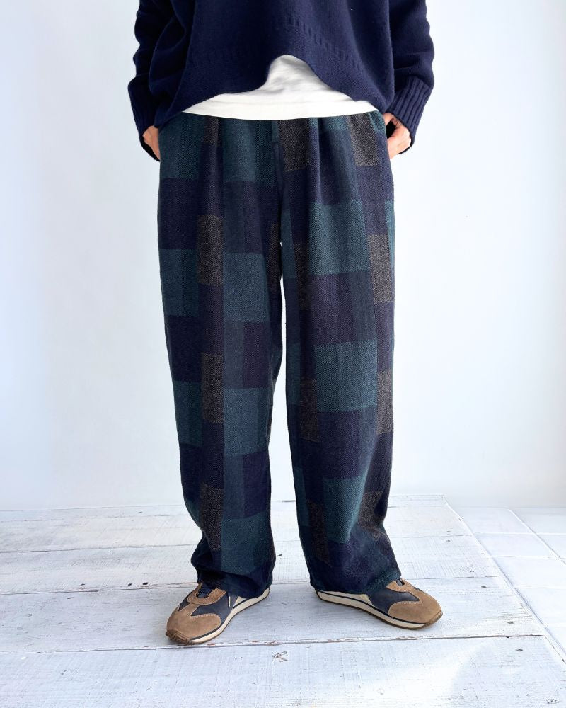 Patchwork Brushed Check Pants in Navy