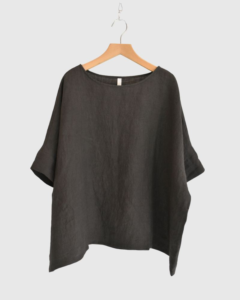 Boat Neck Wide Blouse (Linen) in Brown
