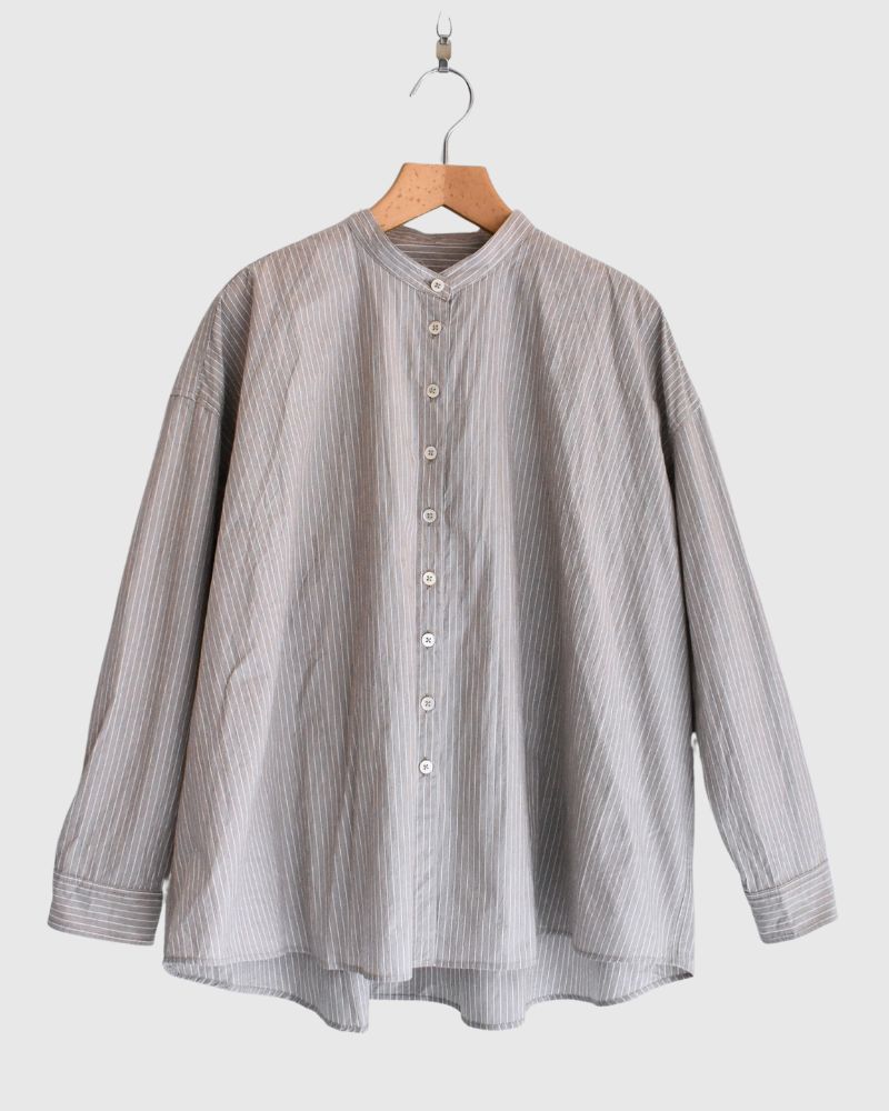 Band Collar Big Shirt in BrownStripe
