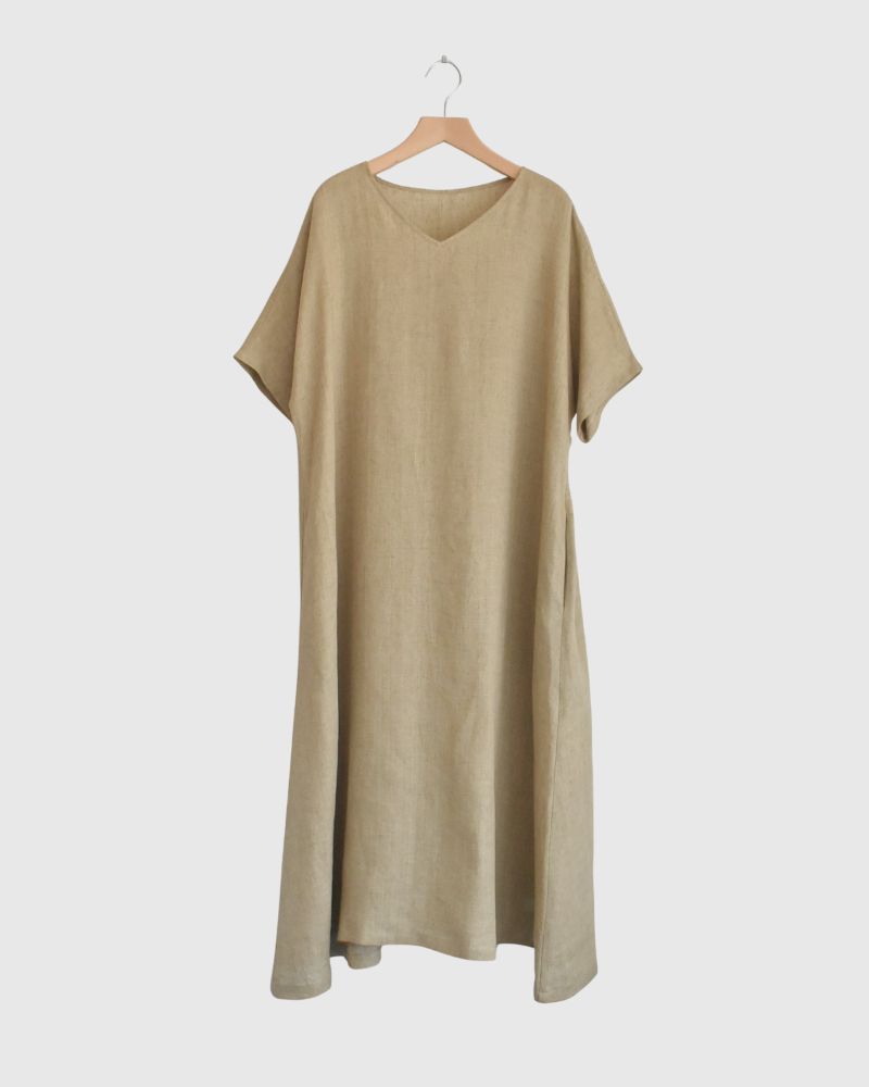 V-neck A-line dress (LINEN) in Beige
