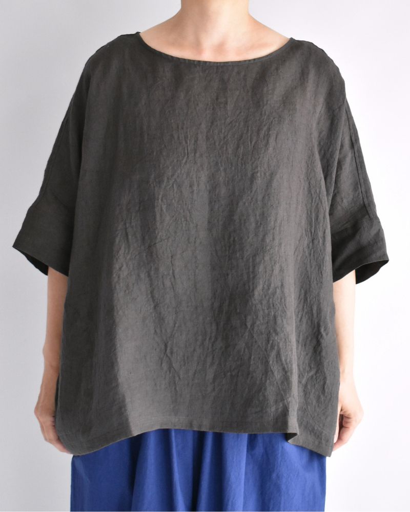 Boat Neck Wide Blouse (Linen) in Brown