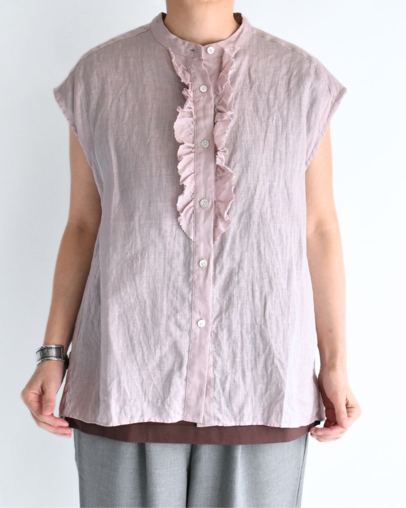Linen Frill Sleeveless Blouse in Ash Pink