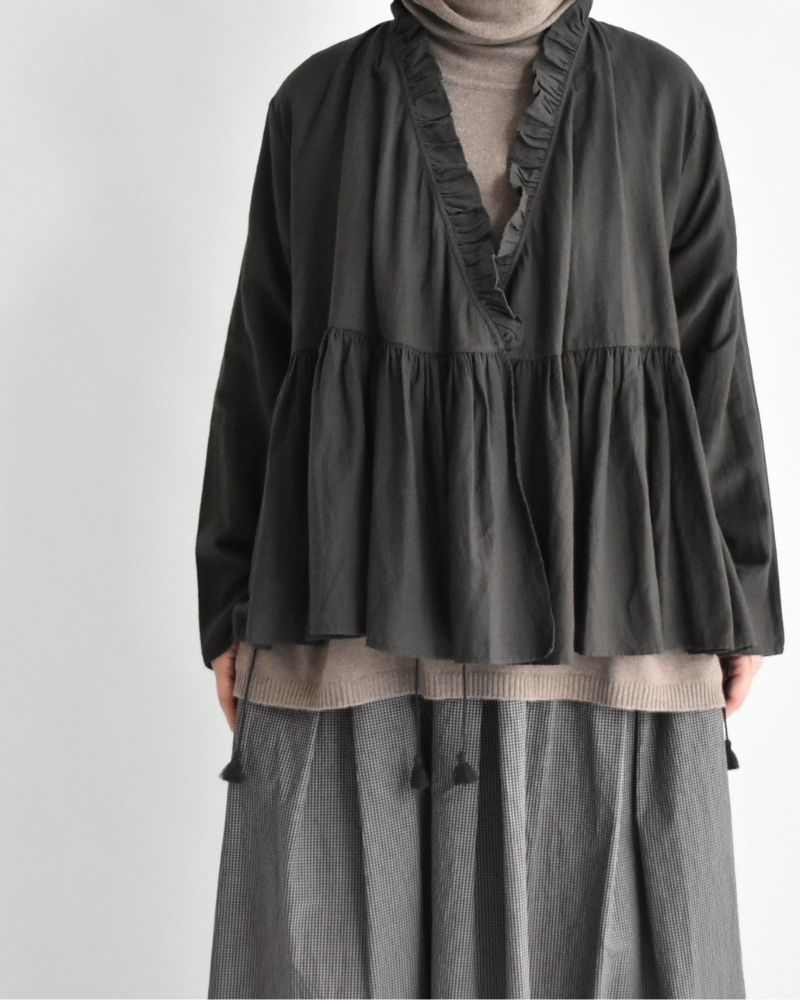 Twill Cotton Khadi Plain Frill Cache Coeur in Charcoal