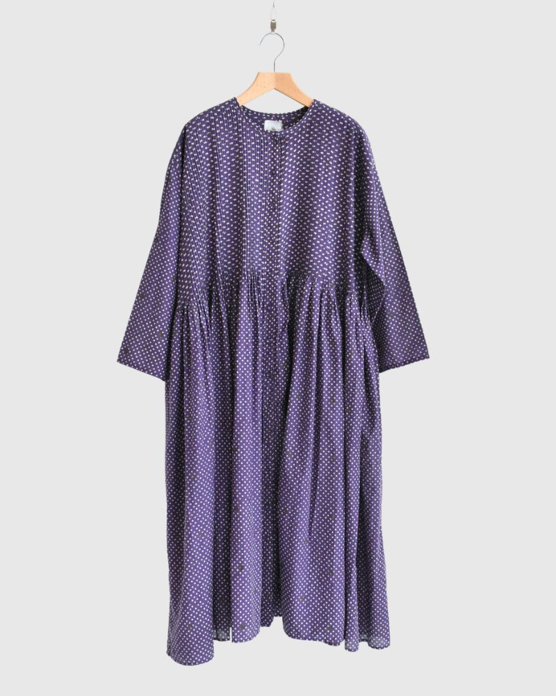 Crew Neck Button Shirts Dress with Mini Pintuck in Purple