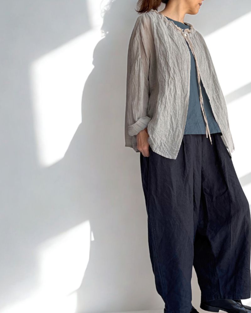Linen ruffle neck cardigan in Gray