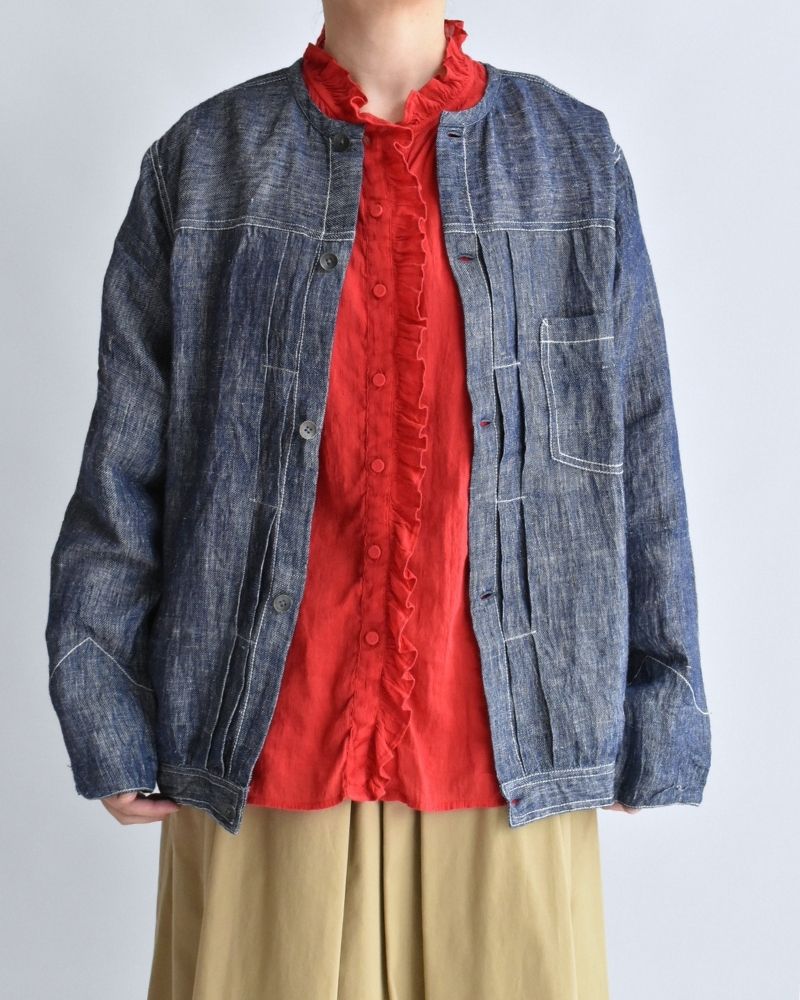 Handwoven Hemp Denim Collarless Jacket in Blue