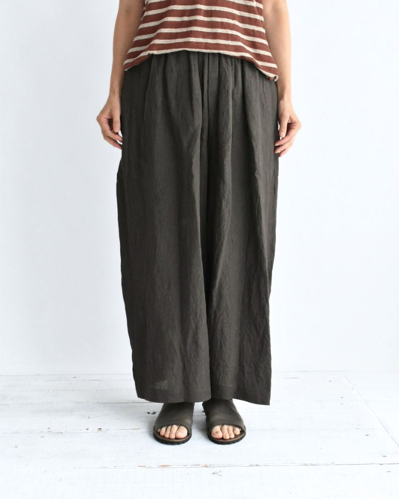 Wide Cocoon Gathered Pants (LINEN) in Brown