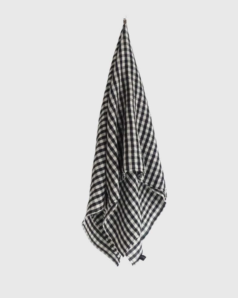 Wool Linen Gingham Check Stole in Ivory/Black