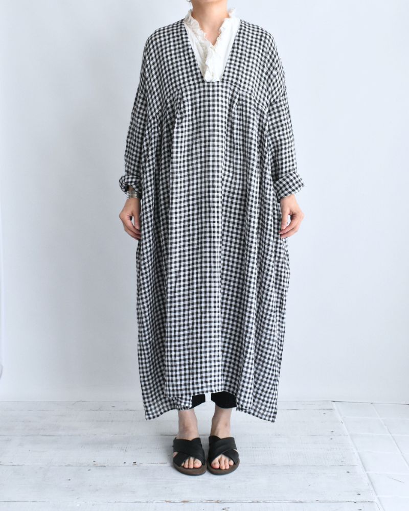 Gingham Check Linen Dress in BlackCheck