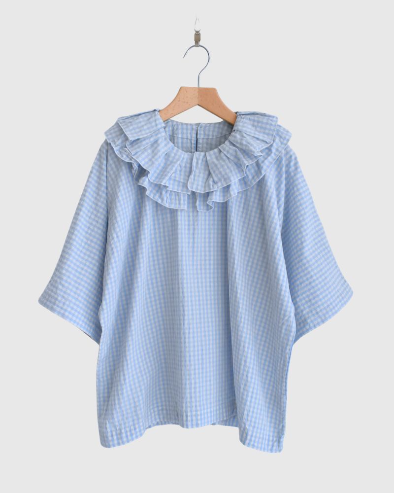 Tuck Frill Pullover in Sax/Ecru Check