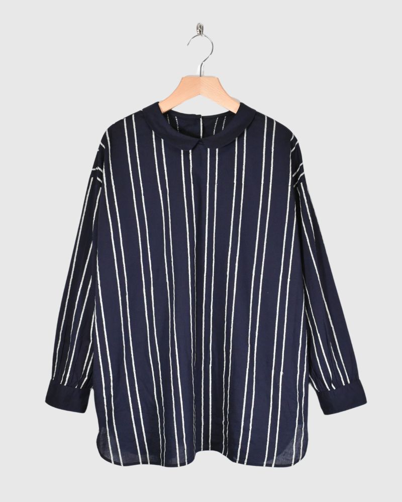 60s COTTON STRIPE BLOCK PRINT BACK OPENING ROUND COLLAR SHIRT Navy in Navy