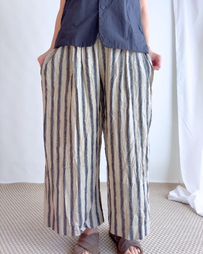 Linen Cotton Stripe Pants in Natural/Indigo