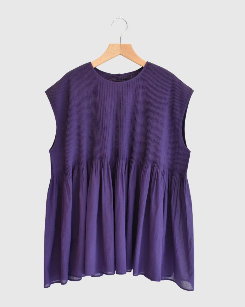 Crew-neck French Sleeve Shirt with Mini Pintuck in Purple