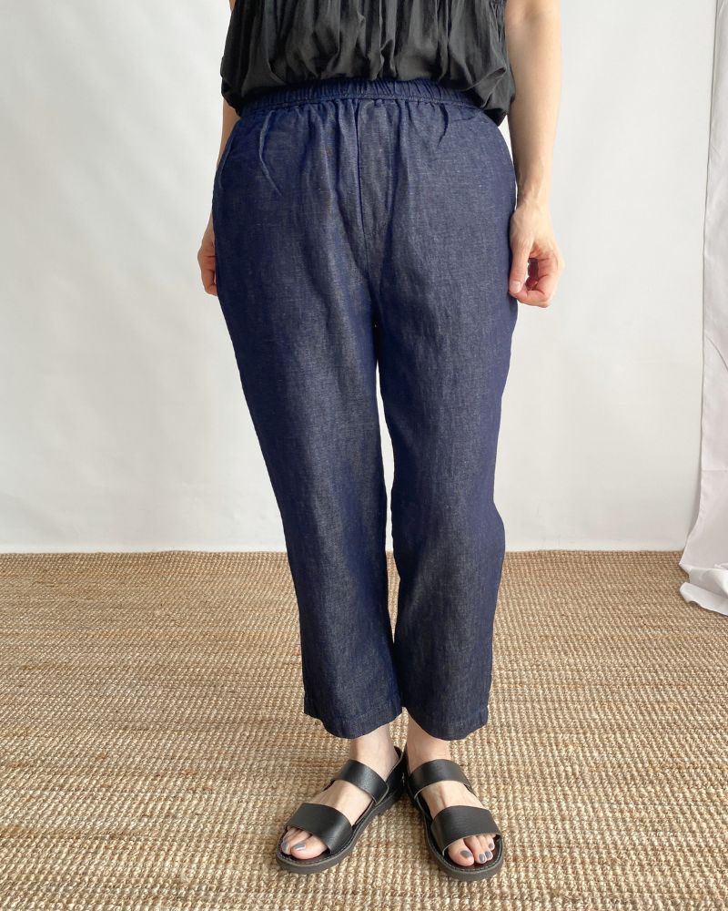 WASHED COTTON/LINEN EASY TAPERED PANTS in Navy