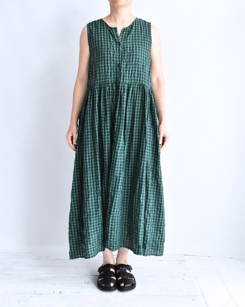 Block Check Sleeveless Gathered Dress in Green