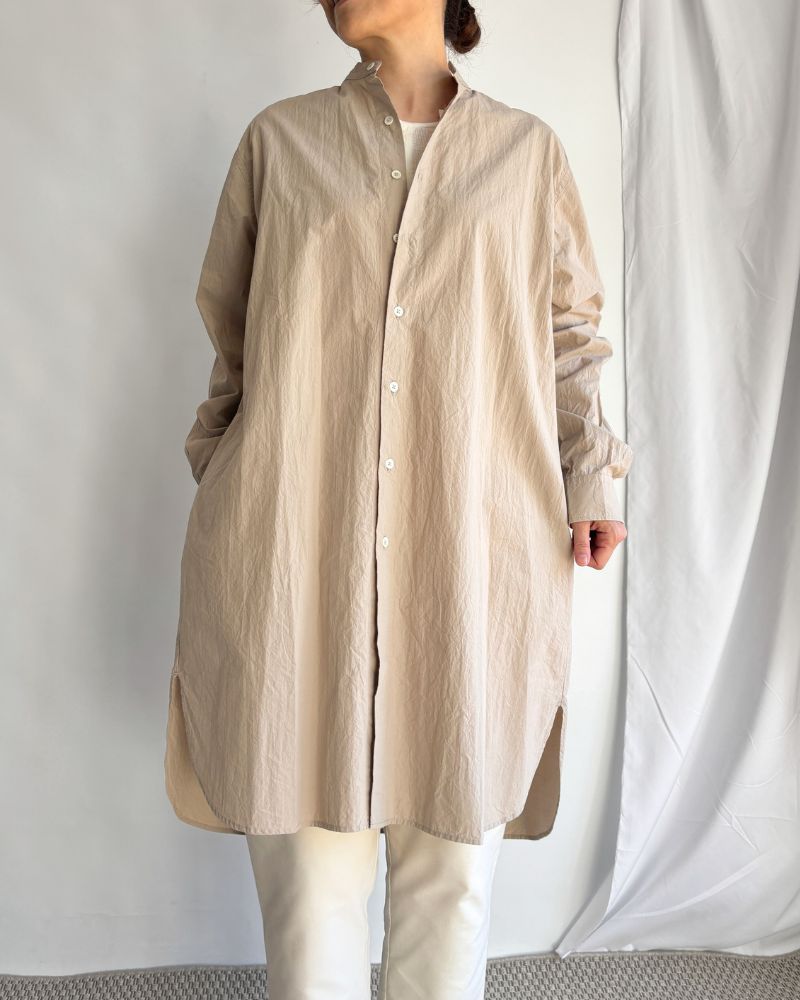 Band Collar Long Shirt in Beige