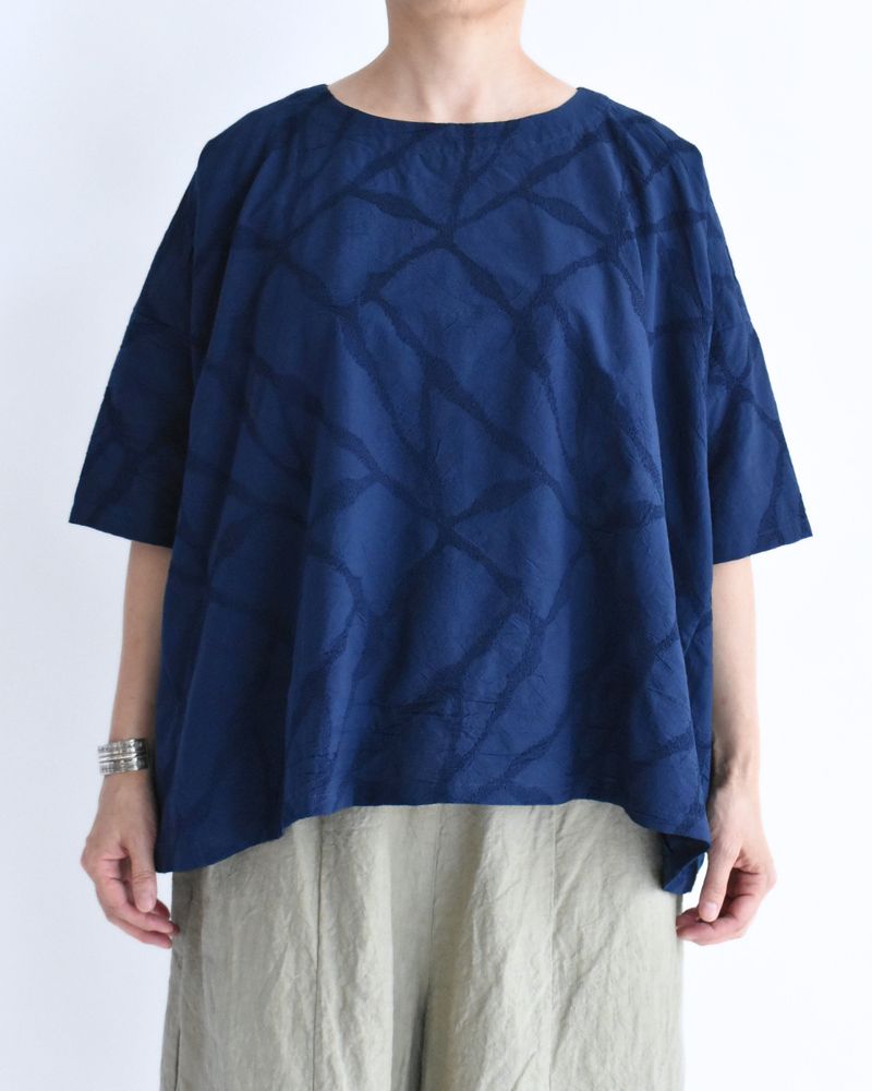 Panel Pullover Blouse (Embroidered) in Navy