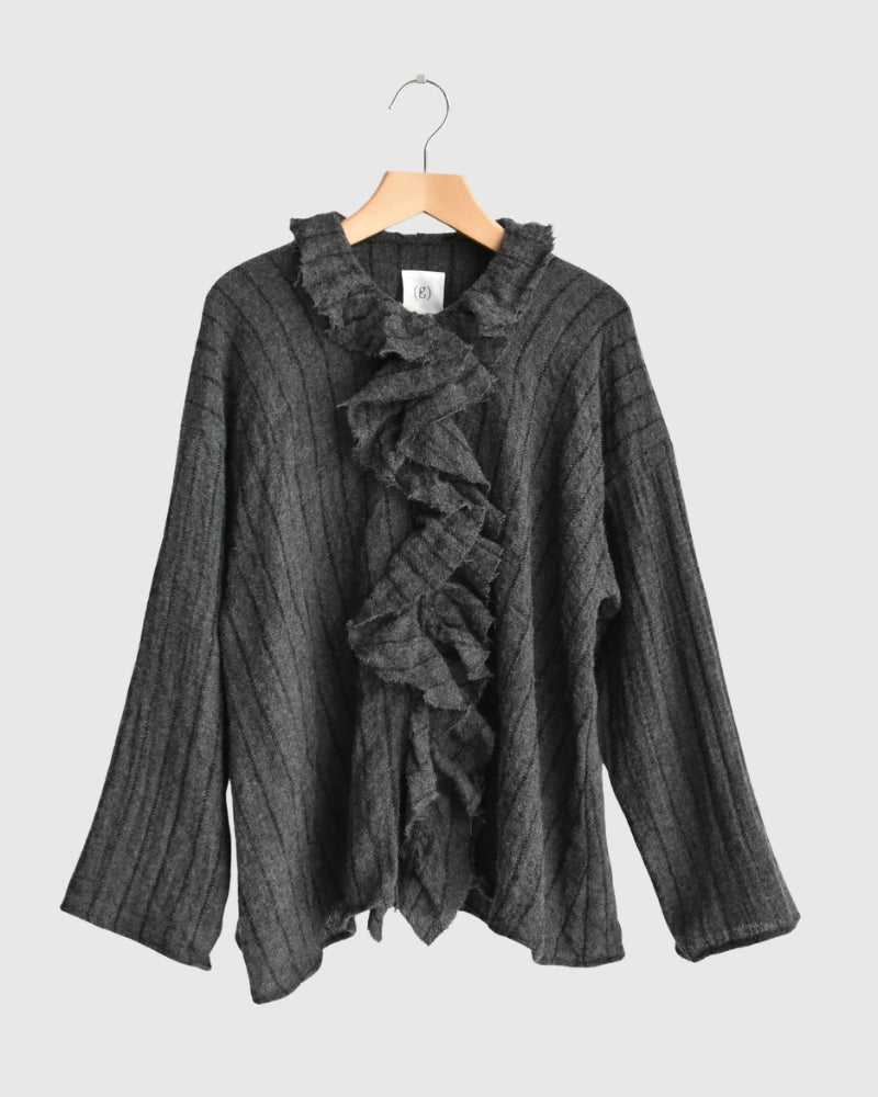 Wool Stripe Frill Trim Blouse in Gray
