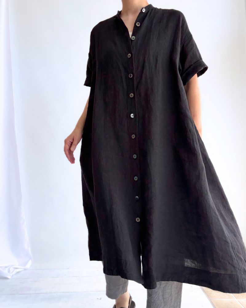 Band collar shirt dress in Black