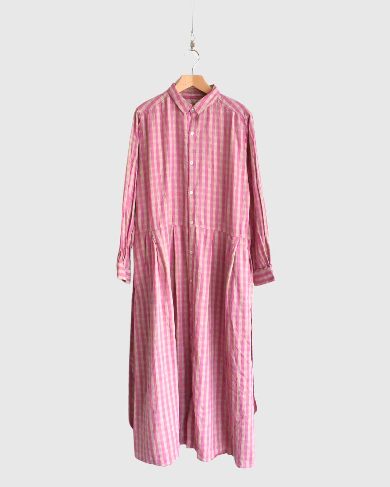 Linen Cotton Gingham Dress in Pink/Natural