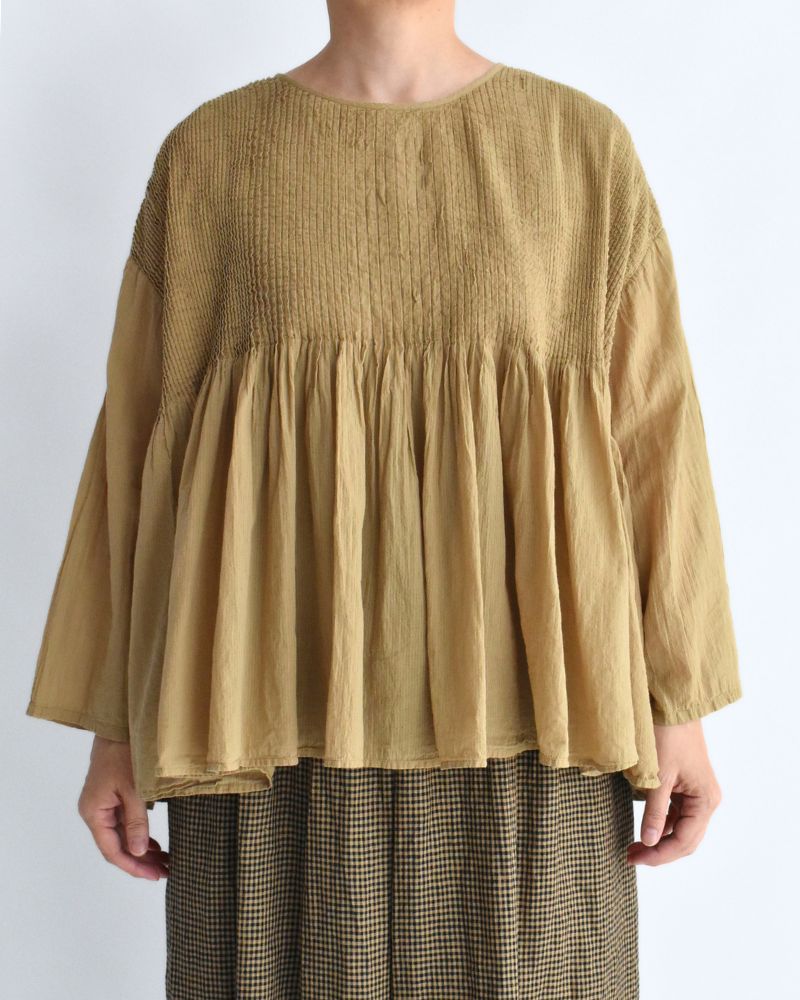 Crew-Neck 3/4 SL Shirt with Mini Pintuck in GreyKhaki