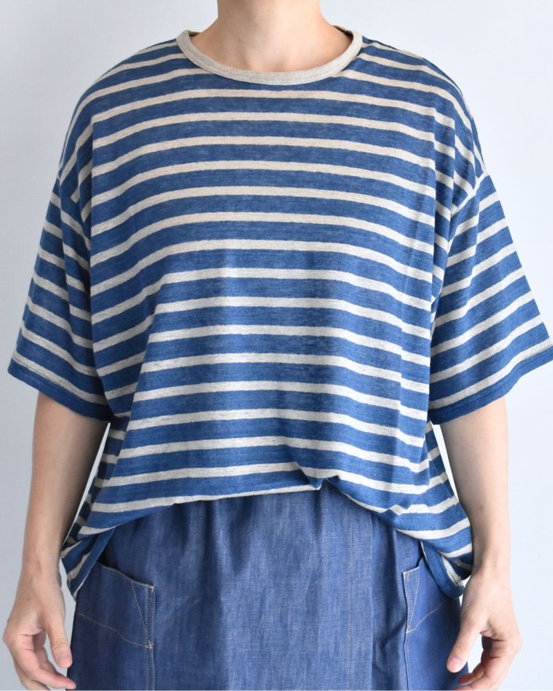Linen Jersey Border Pullover in Blue/Natural