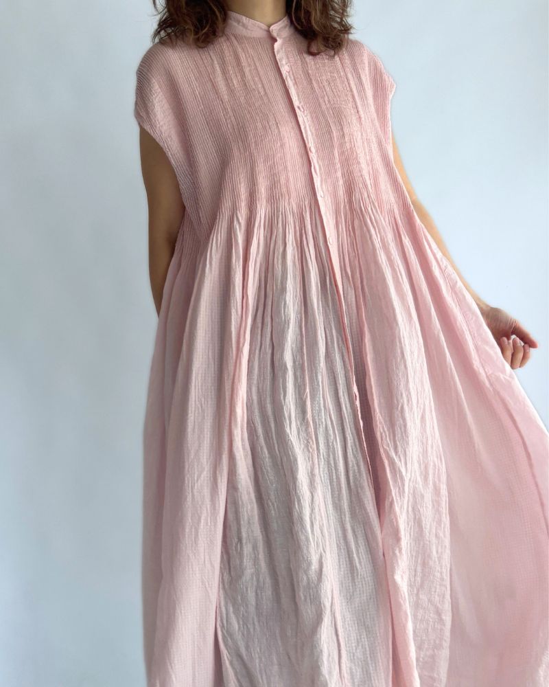 COTTON &LINEN PATCHWORK (OVERDYE) BANDED F/SL SHIRT DRESS WITH MINI PINTUCK in LightPink