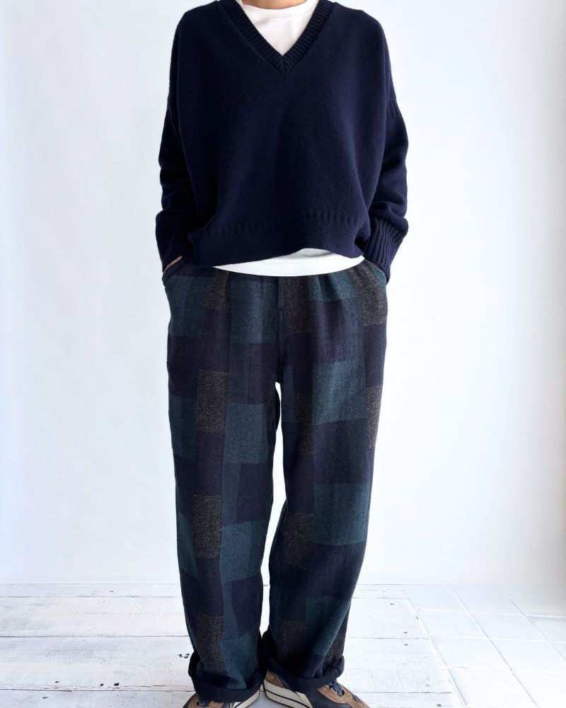 Patchwork Brushed Check Pants in Navy