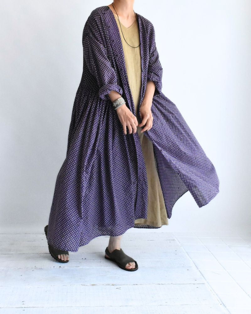 Crew Neck Button Shirts Dress with Mini Pintuck in Purple