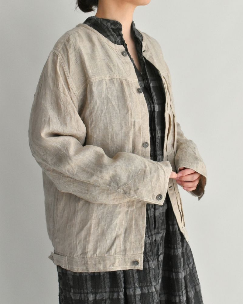 Handwoven Hemp Denim Collarless Jacket in Flax