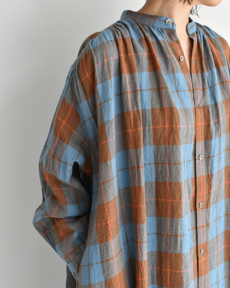 Linen Cotton Check Dress in Blue