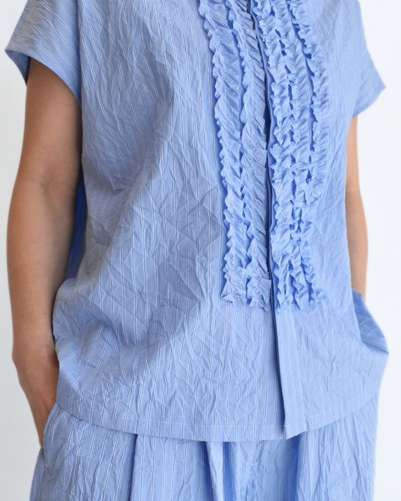 RAY-CC French Sleeve Frill Blouse in SaxStripe