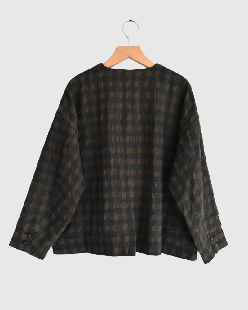 Cotton Wool Gingham Check Jacket in Khaki/Charcoal