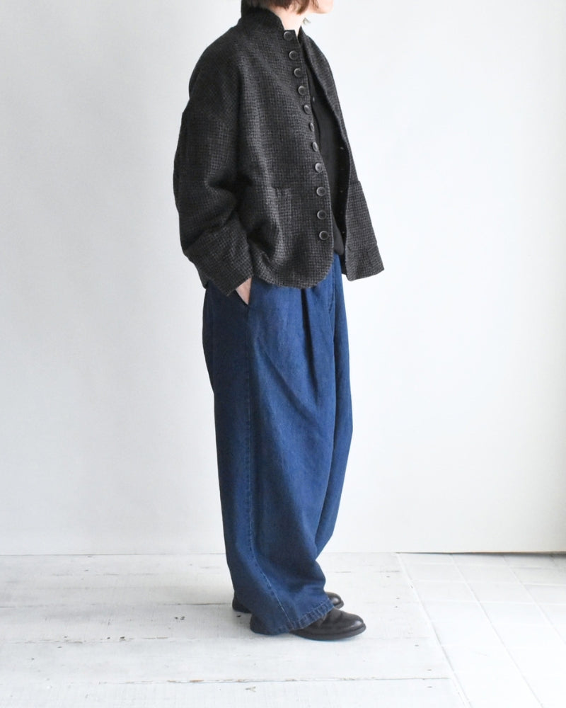 Cotton Linen Denim Tuck Pants in Stone Wash