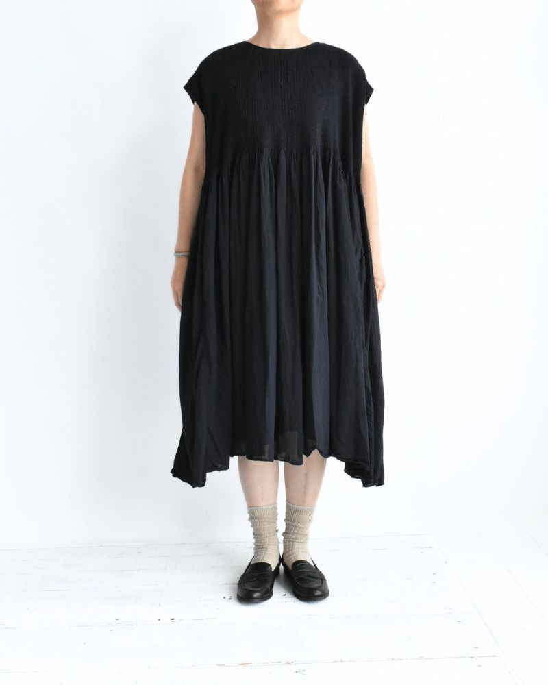 Crew-Neck F/SL Dress with Pintuck in Marine